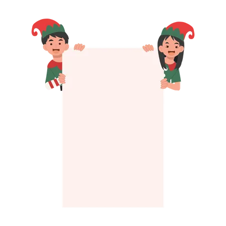 Christmas elf kids with empty signboard  Illustration