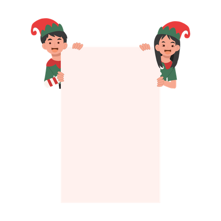 Christmas elf kids with empty signboard  Illustration