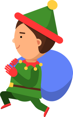 Christmas elf running with gift bag  Illustration