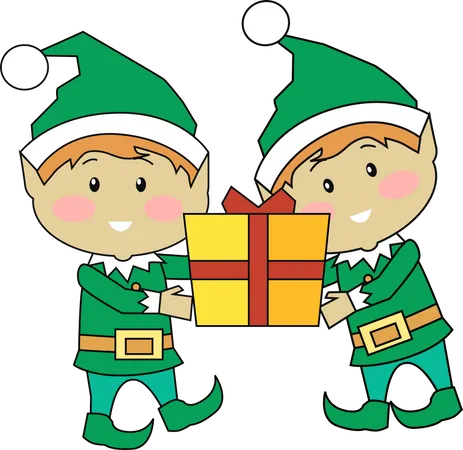 Christmas Elves Holding Gift Box  Illustration