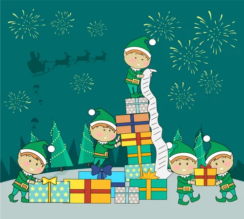 Christmas Elves Packing Presents Gift Boxes According To Wish List Fireworks And Santa With Reindeers In Sky On Snowy Background Magic Eve New Year And Xmas Concept Cartoon Flat Style Vector Illustration