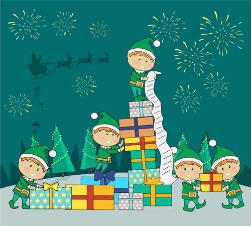 Christmas Elves Packing christmas Presents  Illustration