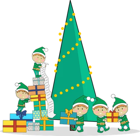 Christmas Elves packing presents near tree  Illustration