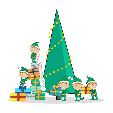 Christmas Elves packing presents near tree  Illustration