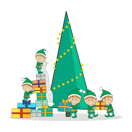 Christmas Elves packing presents near tree  Illustration