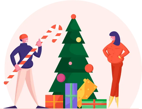 Christmas Eve Presents And Sweets Man Holding Huge Candy Cane And Woman In Warm Clothes Stand At Decorated Xmas Tree With Gift Boxes Under Branches Winter Holidays Cartoon Flat Vector Illustration Illustration