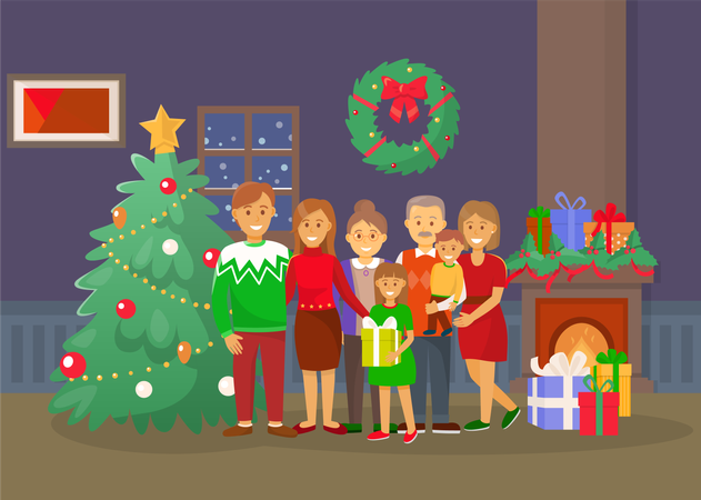 Christmas Family at Home, People by Pine Tree  Illustration