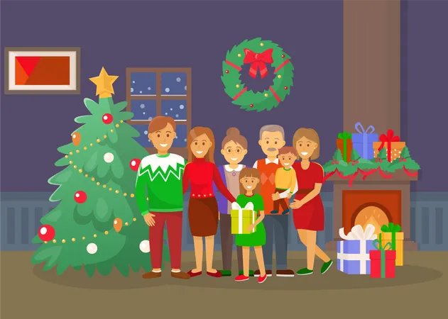 Christmas Family At Home People By Pine Tree Vector Fireplace And Fir Wreath With Bow Decoration Of Interior Mother And Father Presents And Gifts イラスト