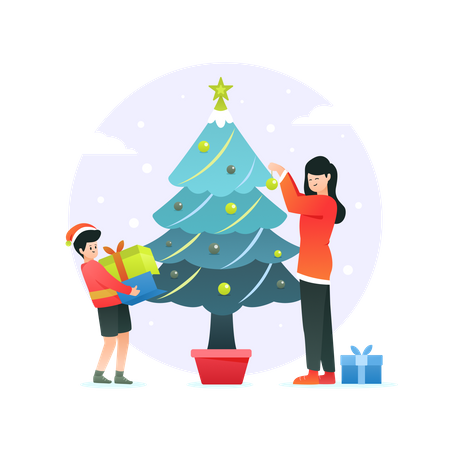 Christmas Family Decorating Christmas tree  Illustration