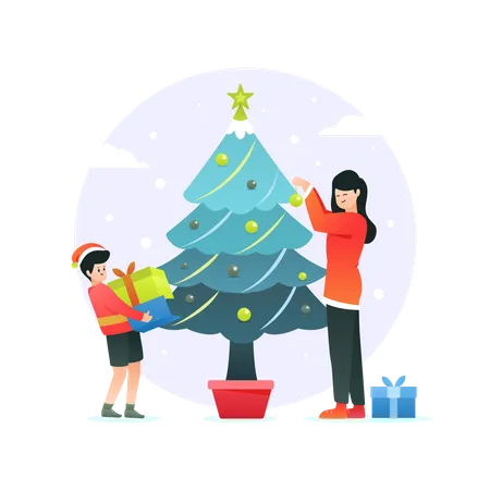 Christmas Family Decorating Christmas tree  Illustration