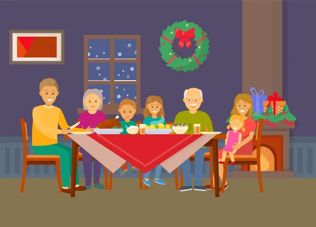 Christmas Family Dinner People Eating Food At Room Vector Wreath Decoration On Wall Made Of Mistletoe And Spruce Twigs Bows And Presents Kids Parents Illustration