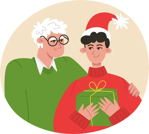 Christmas Family Portrait Grandfather And Grandson In Flat Style Illustration