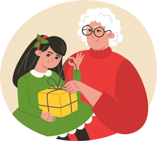 Christmas Family Portrait Grandmother And Granddaughter In Flat Style Illustration