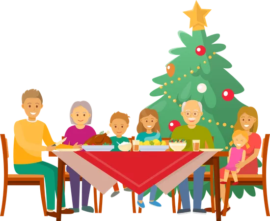 Christmas Family Having Celebration Dinner At Home Vector Pine Tree Decorated With Baubles And Balls With Star Table With Food And Plates Dishes Illustration