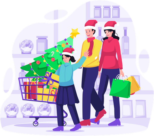 Christmas Family Shopping Illustration