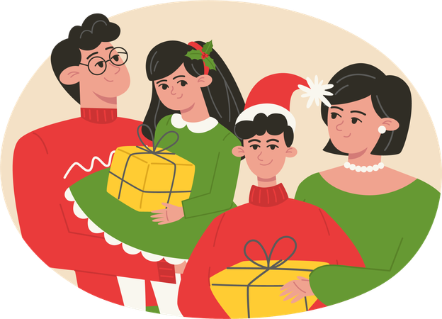 Christmas family with present  イラスト