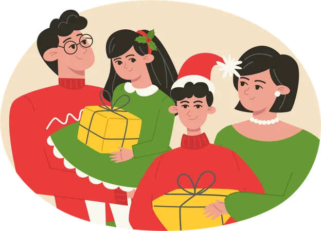 Christmas Family Portrait With Rresents In Flat Style Illustration