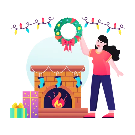 Christmas fireplace decorated with stockings Illustration