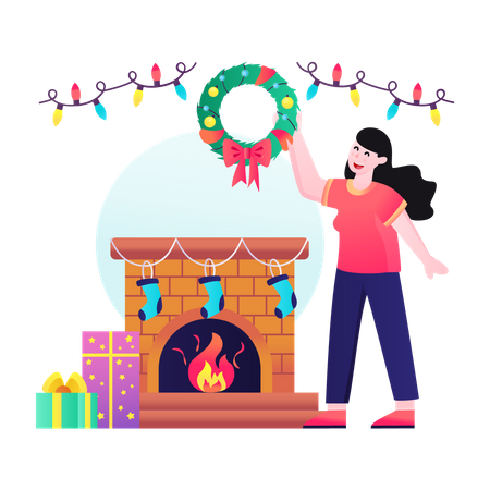 Christmas fireplace decorated with stockings  Illustration