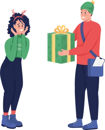 Christmas Gift Delivery Semi Flat Color Vector Characters Interacting Figures Full Body People On White Express Shipment Isolated Modern Cartoon Style Illustration For Graphic Design And Animation Illustration