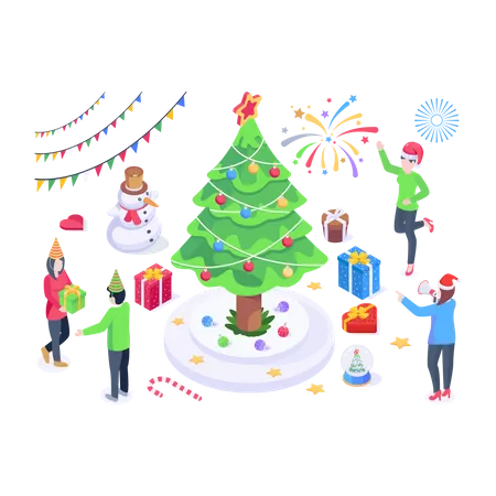 People Giving Christmas Gifts To Each Other Isometric Illustration Illustration