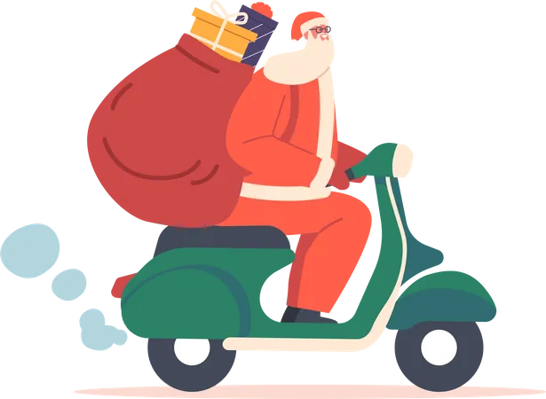 Christmas Gifts Delivery Service Concept Santa Claus Riding Scooter With Presents In Red Sack Rucksack Father Noel Character In Red Festive Suit Congratulation Cartoon People Vector Illustration Illustration