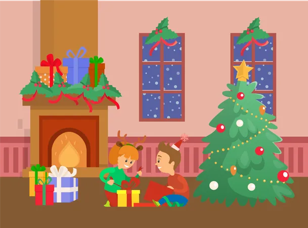Christmas Holiday Celebration Children And Gifts Vector Unpacking Presents Fireplace With Boxes Decorated With Ribbon Bows Snowy Weather Outside Illustration