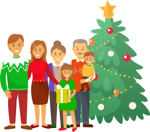 Christmas Holiday Celebration Family People At Home Vector Mother And Father Standing By Pine Evergreen Tree Decorated With Star On Top And Baubles Illustration