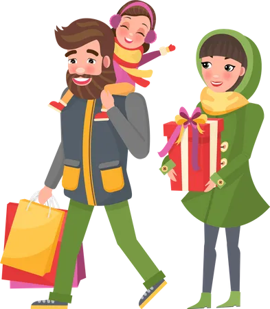 Christmas Holiday Preparation Shopping Process Vector Family Mother Holding Present In Box Father With Daughter Carrying Paper Packages With Gifts Illustration
