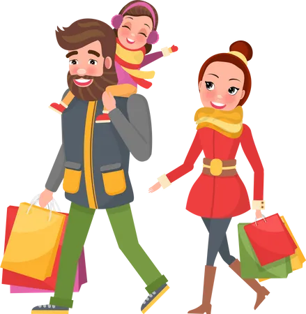 Christmas Family Shopping Day Woman In Red Overcoat With Yellow Scarf And Man In Jacket And Green Trousers With Child Sitting On Shoulders Vector Illustration