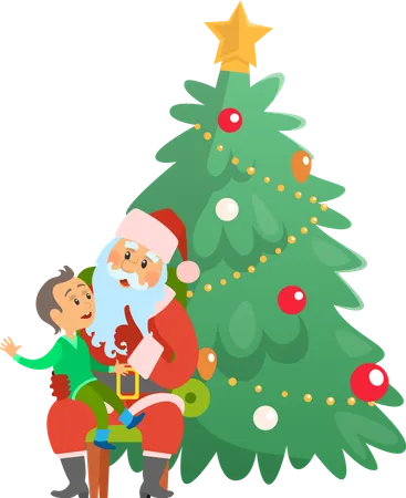 Christmas Holiday Santa Claus And Small Boy Sitting On Lap Vector Winter Holidays Celebrated By Evergreen Pine Tree Decorated With Star And Baubles Illustration