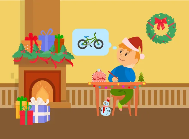 Christmas Holidays Small Boy Writing Letter To Santa Claus Vector Fireplace With Presents And Gifts Kid Wishing For Bicycle Wreath Decoration Of Home Illustration