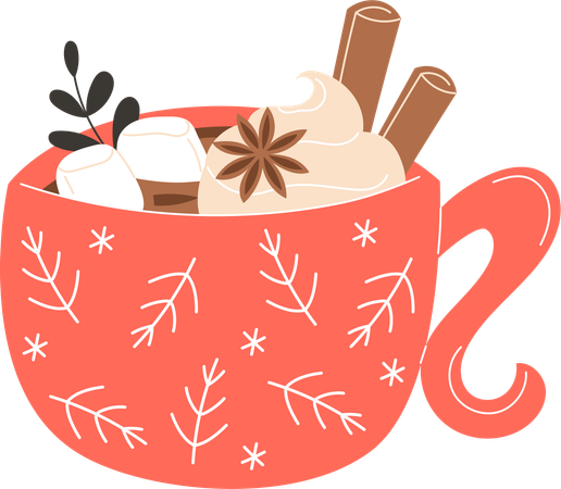 Christmas hot chocolate in a mug with marshmallows  Illustration