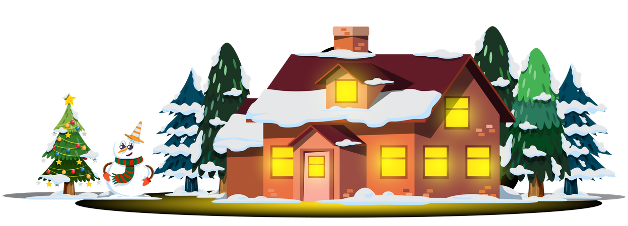 Christmas house with snowman and Christmas tree Illustration