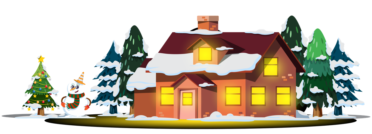 Christmas house with snowman and Christmas tree  Illustration