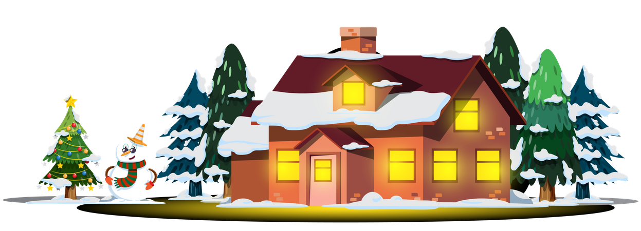 Christmas house with snowman and Christmas tree  Illustration