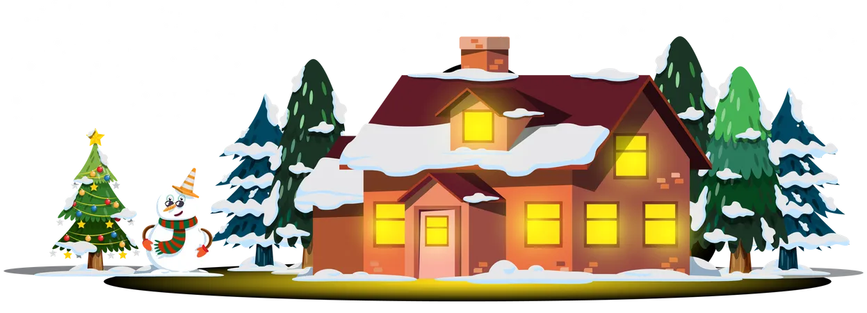 Christmas house with snowman and Christmas tree  Illustration