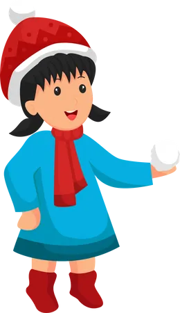 Christmas Little Girl with Snowball Illustration