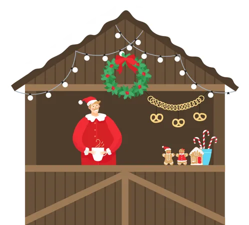 Christmas Market Kiosk Isolated Wooden Construction Decorated With Garlands And Wreath With Seller Drinking Hot Coffee Or Tea Shop With Pretzel Gingerbread Cookies And Candies Sticks Vector Illustration