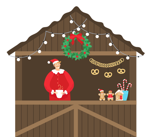 Christmas Market Kiosk with Seller and Food  Illustration