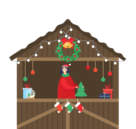 Christmas Market Seller with Pine Tree and Present  일러스트레이션