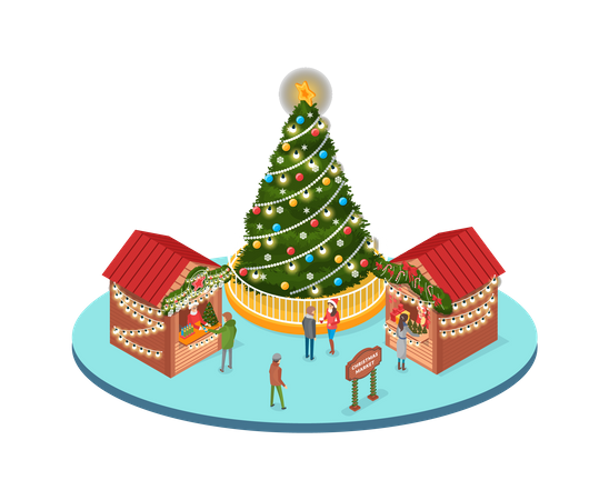 Christmas Marketplace where People Buying Souvenirs Illustration