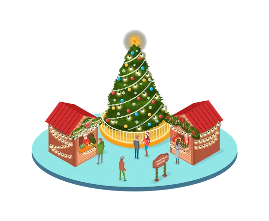 Christmas Marketplace where People Buying Souvenirs  Illustration