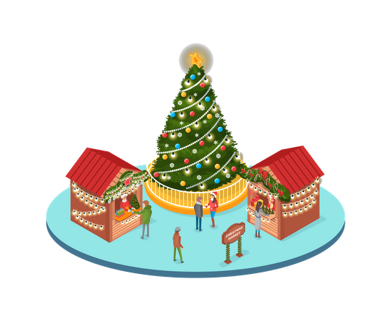 Christmas Marketplace where People Buying Souvenirs  Illustration