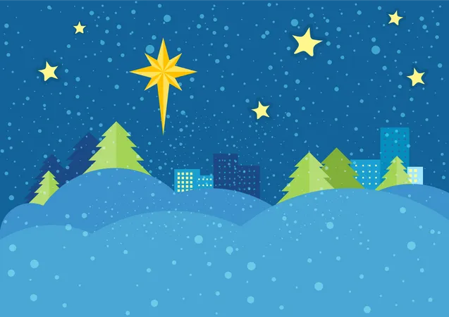 Christmas Night Vector Concept Flat Design Starry Sky With Bright Eight Pointed Star Of Bethlehem On Snowy Winter Night Snowdrifts Spruce Trees City Lights Far Winter Holidays Celebrating Illustration