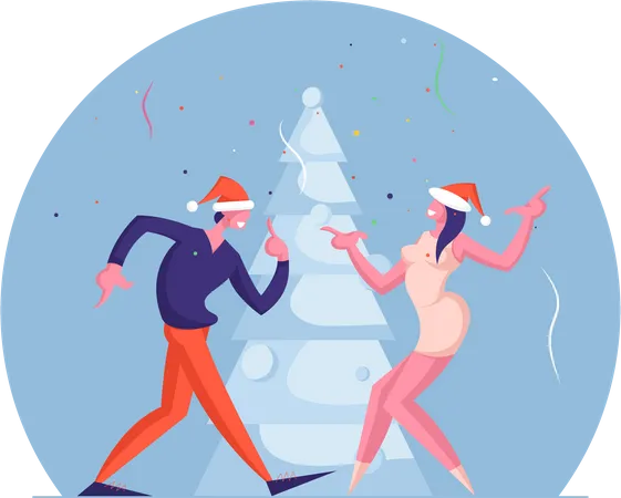 Man And Woman Couple Having Fun On New Year Holidays Event With Music And Fir Tree Happy People In Santa Hats Dancing On Corporate Or Home Christmas Party Celebration Cartoon Flat Vector Illustration Illustration