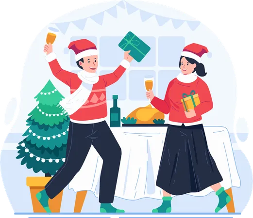 Christmas Party And New Year Celebration A Happy Couple In Winter Holiday Outfits Standing With Each Holding Gift Boxes And Champagne Glasses Illustration