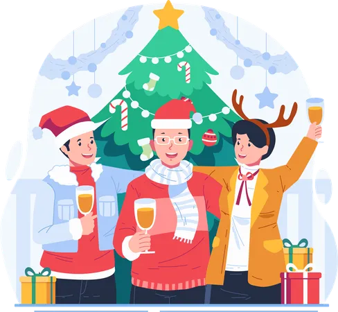 Christmas Party And New Year Celebration People In Winter Holiday Outfits Standing Together By The Christmas Tree With Each Holding Champagne Glasses Illustration