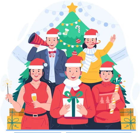 People In Winter Holiday Outfits Stand Together By The Christmas Tree With Each Holding A Gift Trumpet Champagne Sparklers And Firecracker Christmas Party And New Year Celebration Illustration