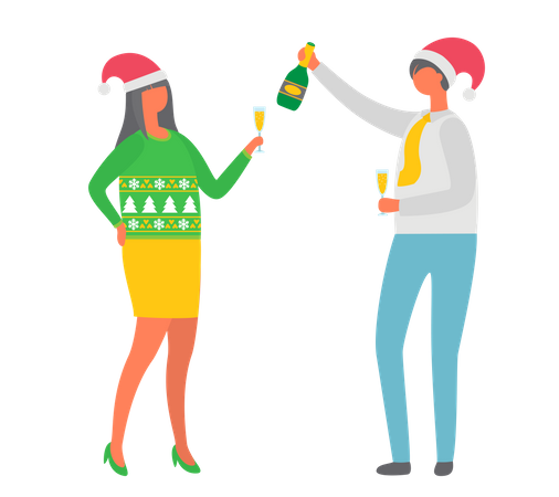 Christmas Party, Couple Drinking Alcohol Champagne  Illustration